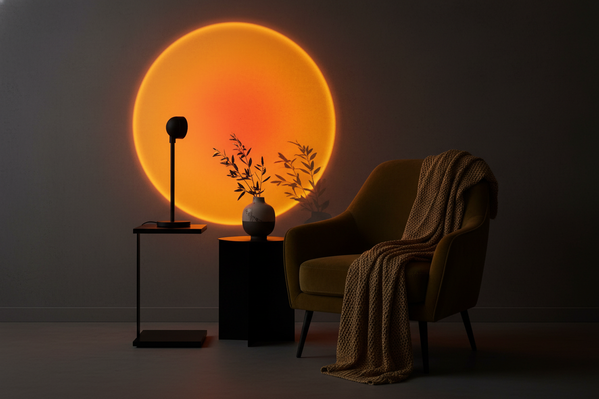 A Sunset Projection Lamp casting a warm, golden sunset glow on a dark wall in a modern room, with subtle olive gold accents.